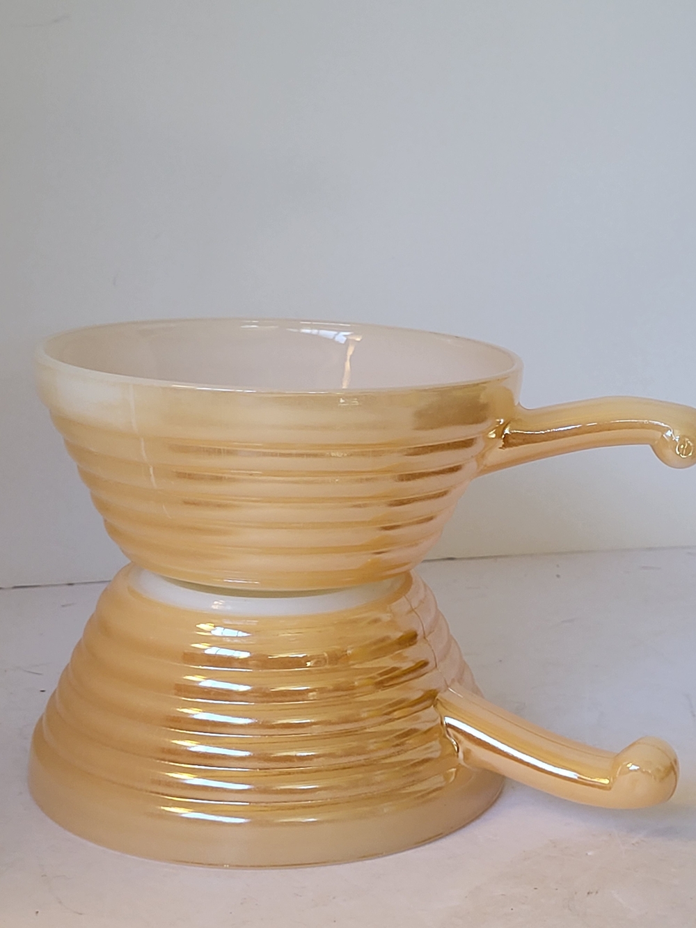 2 Fire King Peach Luster Beehive Handled Soup Bowls 1950s